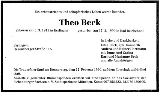 Beck Theo 1913-1990 Todesanzeige